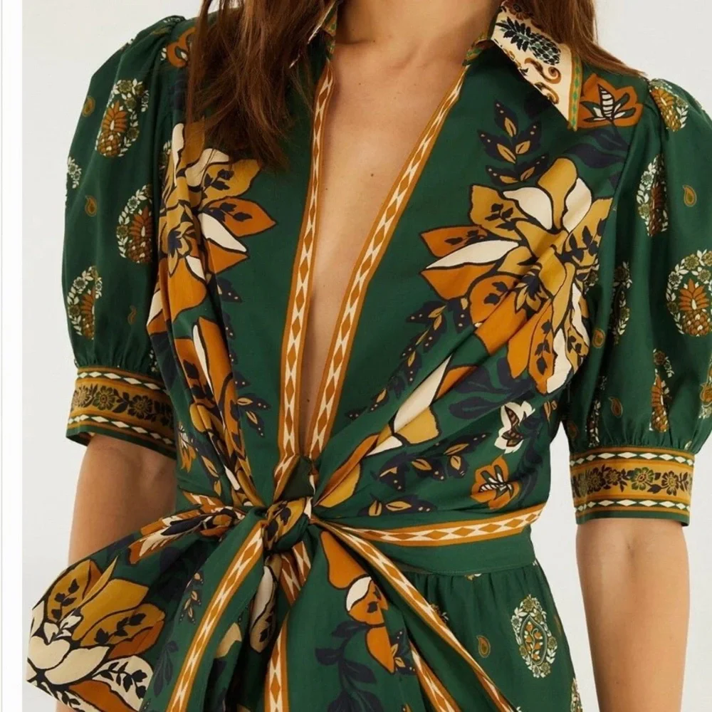 Green Floral Tie-Front Women's Dress - Picture 2 of 9